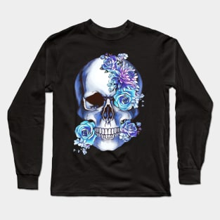 Skull blue flowers Long Sleeve T-Shirt